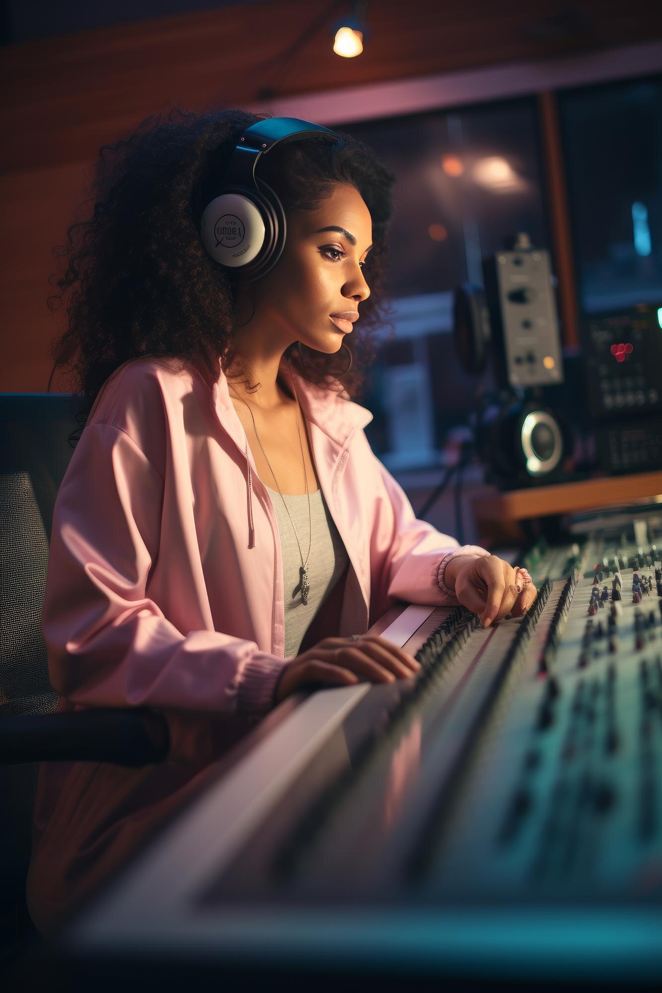 Sound effects editor at multi-monitor editing workstation